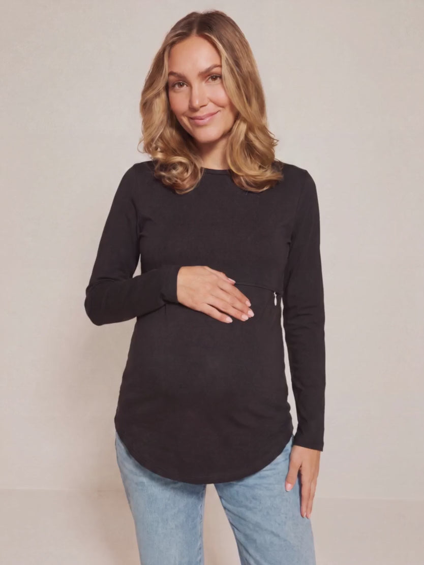 Black classic nursing tee shown from the front and side in the studio